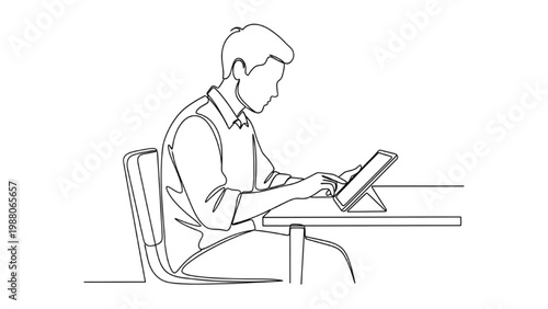 Man sitting at desk working on tablet with continuous line drawing style