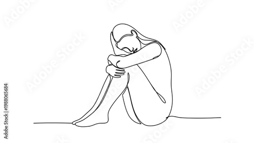 Continuous line drawing of a sad woman sitting alone on the floor