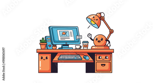Cartoon Desk with Computer, Lamp, and Coffee Cup