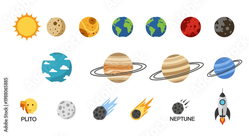 Cartoon Solar System Planets, Sun, Moon, Asteroids, Comet, and Rocket Illustration