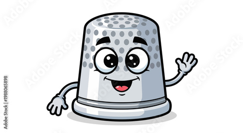 Cartoon Thimble Character with Cheerful Expression and Waving Hand