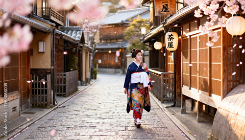 Serene Stroll Through Historic Gion District in Kyoto with Cherry Blossoms in Bloom, Capturing Cultural Essence in High Fidelity Quality