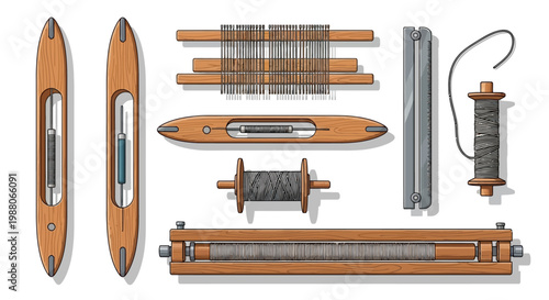 Collection of Wooden Weaving Tools and Threads for Textile Creation