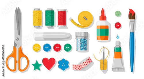 Colorful Crafting and Sewing Supplies Collection: Scissors, Thread, Glue, Buttons, and Art Materials