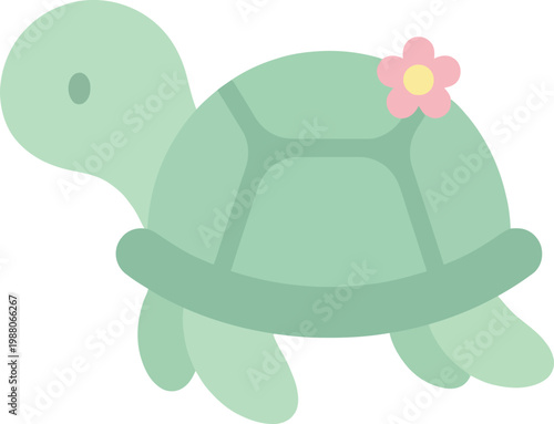 Simple cartoon illustration of a cute green turtle with a pink and yellow flower on its shell cute animal baby animal white background
