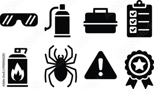 Black silhouette icon set sunglasses spray can briefcase checklist and more