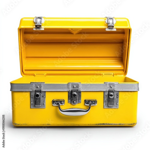 Vintage yellow toolbox with open lid showcasing organized inner space for tools and accessories