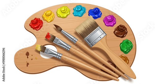 Colorful Artist's Palette with Paintbrushes and Paints