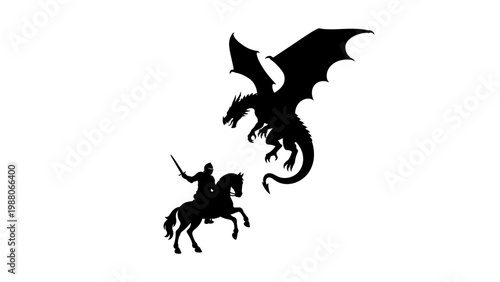 Medieval knight on horse fighting dragon fantasy silhouette

