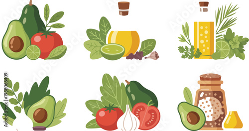 Set of healthy food and cooking ingredient illustrations including avocado tomato garlic olive oil and fresh herbs for culinary blog and recipe book designs