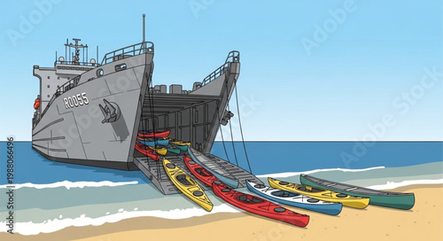 Military Landing Ship Deploying Kayaks onto a Beach.