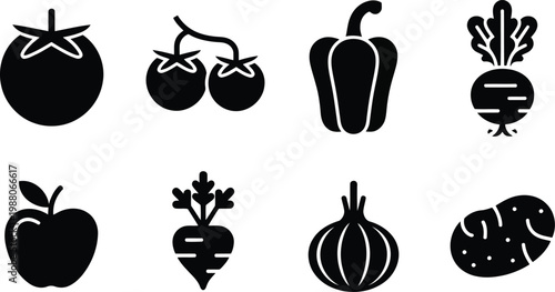 Black silhouette vegetable and fruit icons set fresh produce illustration