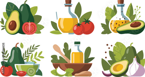 Set of healthy food and cooking ingredient illustrations including avocado tomato garlic olive oil and fresh herbs for culinary blog and recipe book designs