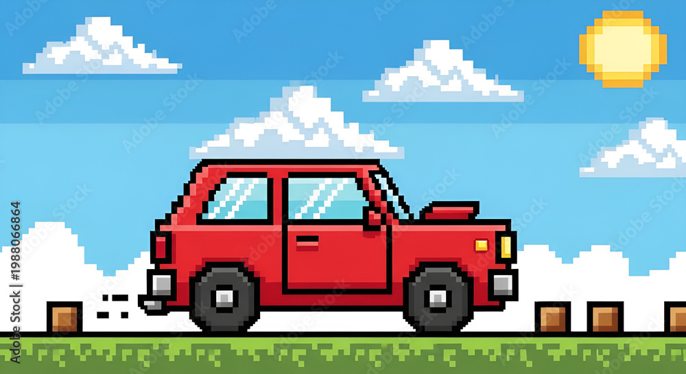 Obraz premium Retro pixel art red car driving on a sunny day with clouds and wooden blocks in a side-scrolling perspective