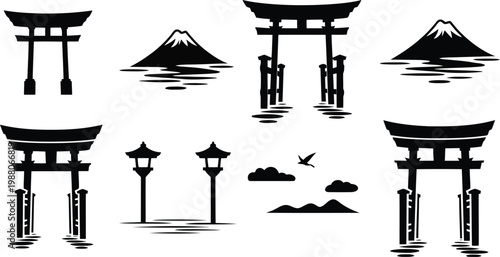 Japanese torii gates mountain lanterns and landscape elements in black and white