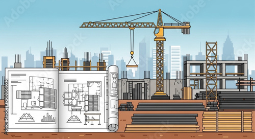 Construction Site with Crane and Blueprints.