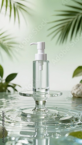 Refreshing Skincare Mockup with Water Reflection and Tropical Green Background
