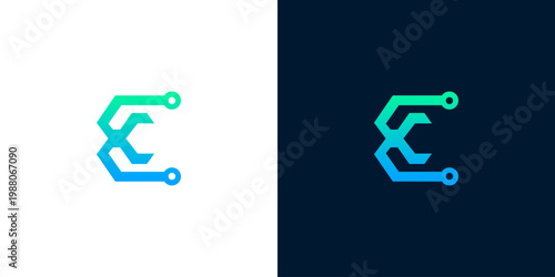 Futuristic abstract geometric logo design with gradient colors on white and dark backgrounds, representing technology and innovation