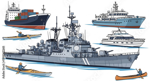 Collection of various boats and ships including a cargo ship and a warship.