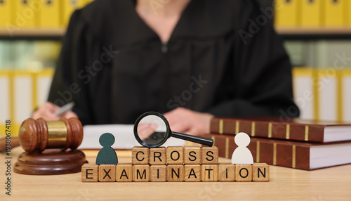 Canvastavla In a bustling courtroom, a judge prepared for a cross examination writes notes while a gavel and documents symbolize the weight of justice and truth in the air