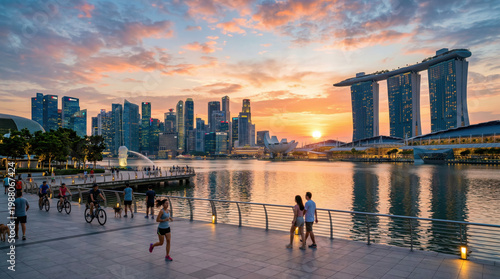 Scenic Sunrise Over Singapore's Marina Bay: Stunning Waterfront View with Joggers and Bicyclists Enjoying a New Day of Vibrant City Life