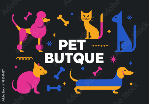 Modern Pet Boutique Vector Illustration with Colorful Dogs and Cats. Flat Geometric Icons of Poodle, Dachshund, and Kittens for Pet Store or Grooming Salon Branding.