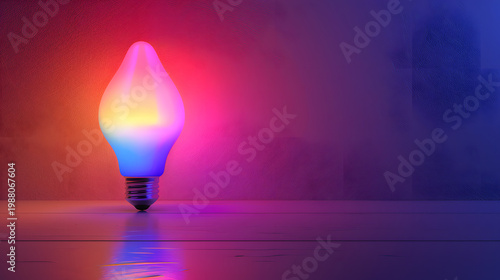 Colorful smart light bulb glowing on wooden surface
