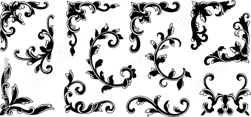 Set of elegant black floral ornament silhouettes and vintage corner dividers for classic invitation cards wedding decor and antique border designs
