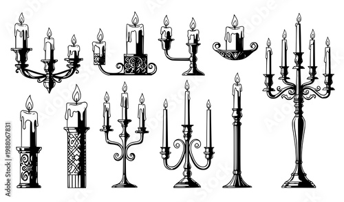 Candles candlesticks vector black white decorative set illustration