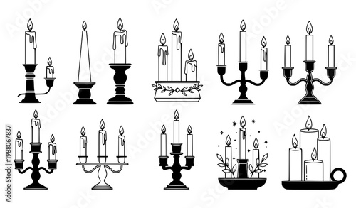 Black white candle vector set candlestick decorative elements design