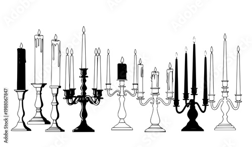 Candlestick vector illustration black white candle decor set design