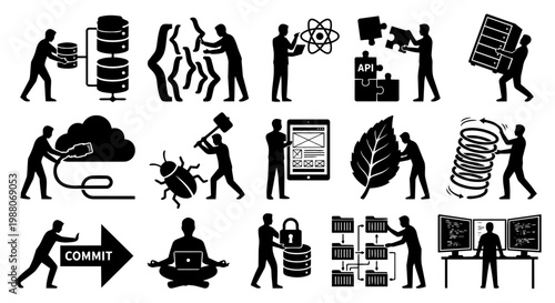 Black and white silhouette icons illustrating software development, IT operations, data management, and cybersecurity concepts, perfect for tech-related projects.