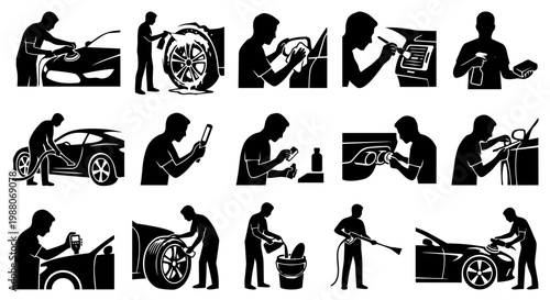 A comprehensive set of black silhouette icons illustrating various car washing and detailing processes, from exterior cleaning to interior maintenance, performed by a person.
