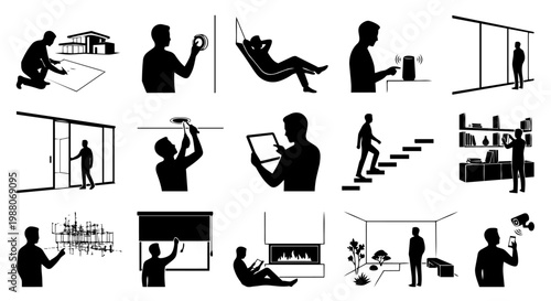 Silhouettes illustrating people interacting with smart home technology, performing daily domestic tasks, and enjoying modern living convenience and comfort.
