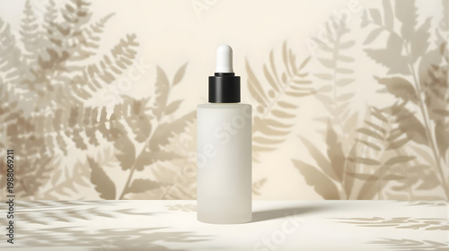 Mockup Minimal Skincare Dropper Bottle with Botanical Shadow Beige Background
