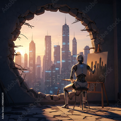 A robot painter creating a masterpiece depicting a vast urban skyline at sunrise in a room