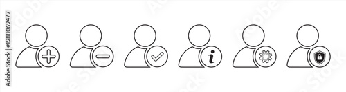 Thin line monochrome icons, profile option symbols, vector illustrations of people and other features, addition, subtraction, settings, security, information and approved marks.