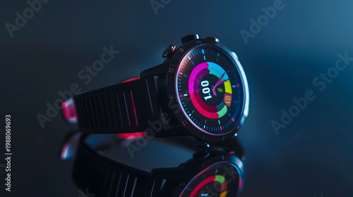 Smartwatch with colorful interface on reflective surface