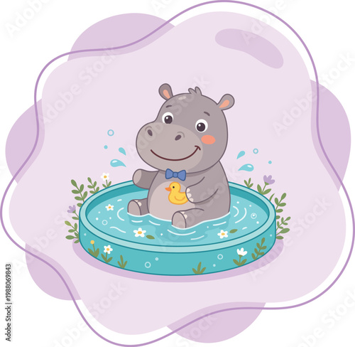 Happy cartoon hippopotamus sitting in a small pool of water holding a yellow rubber duck splashing playfully baby animal children s illus