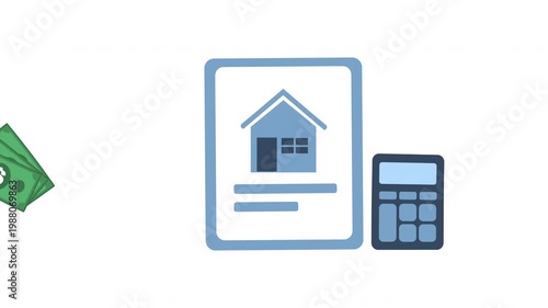 real estate document with money and calculator representing mortgage, property finance, and home loan calculation