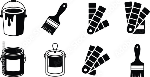 Black and white painting tools collection paint cans brushes and color swatches