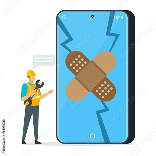Worker creatively patches up a broken phone screen with a large bandage. Great for gadget repair and maintenance concept.