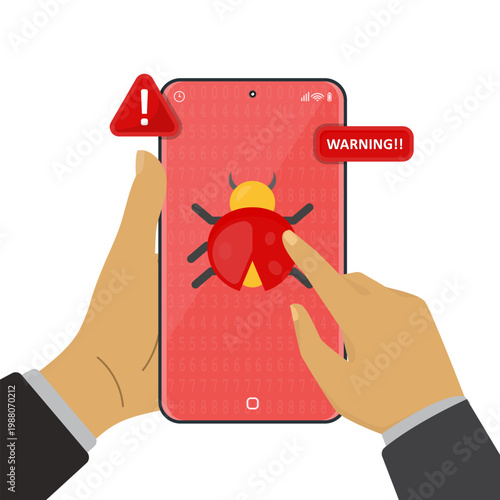 Hand holding smartphone showing malware alert with bug icon and warning sign, representing cybersecurity threat, hacking risk, data breach and mobile virus attack.