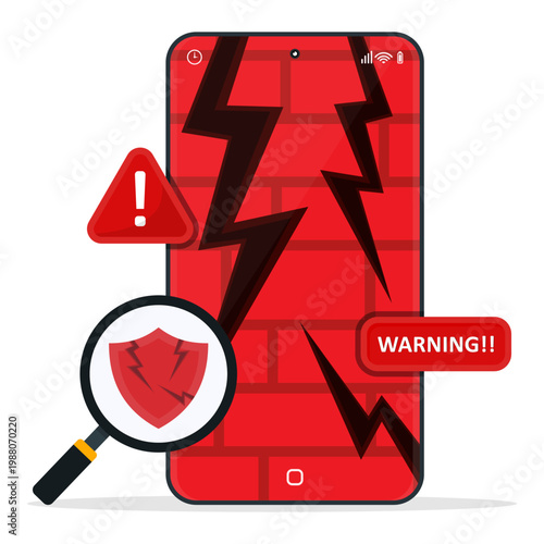 Smartphone security breach with warning alert, cracked shield, and firewall broken. Representing cyber attack, data breach, hacker attack, and mobile protection failure