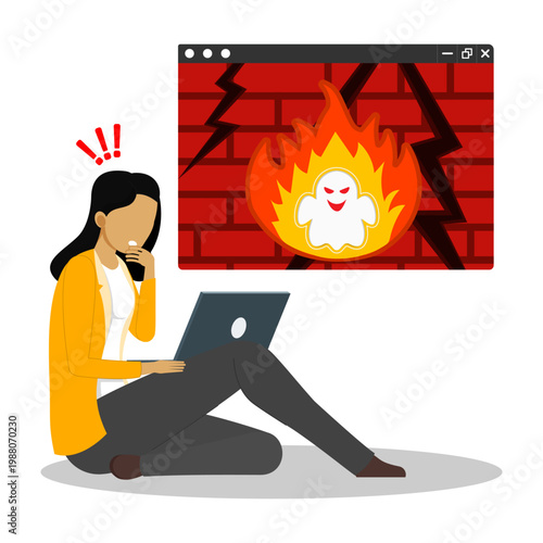 Woman shocked by laptop firewall breach, ghostly flame on screen. Illustrates cybersecurity, hacking, data breach concepts in a dramatic way.