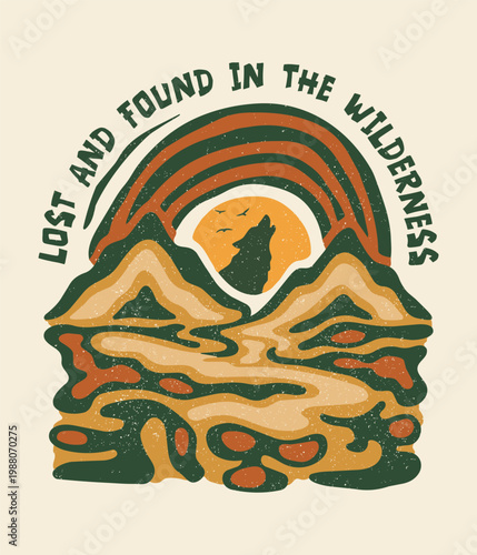 Lost and Found Howling Wolf Mountain Landscape T-Shirt Design with Rainbow and River
