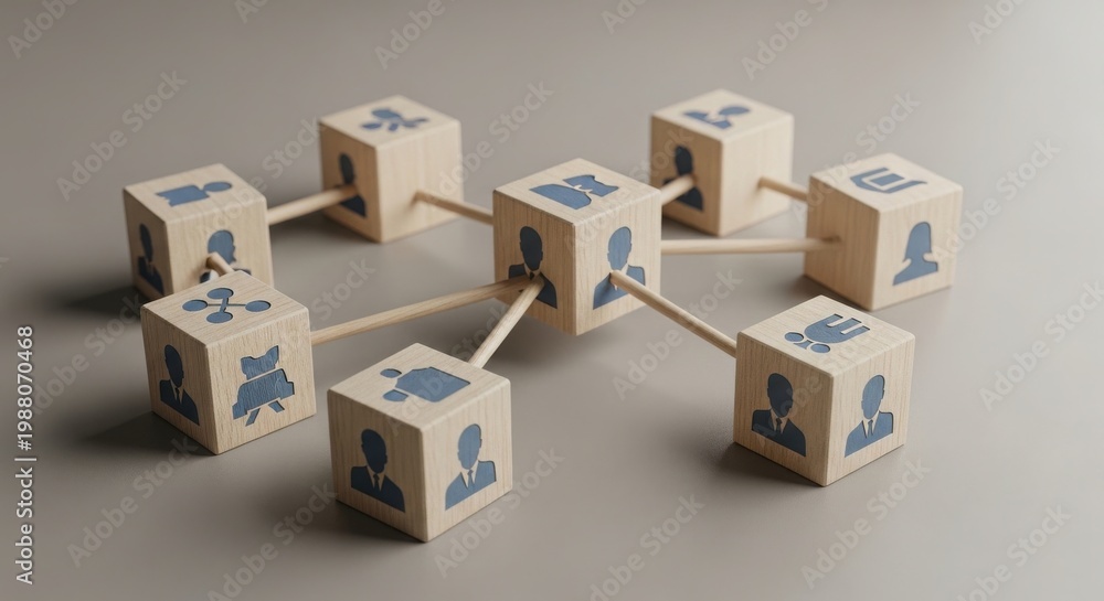 Fototapeta premium Interconnected wooden blocks with icons representing teamwork and collaboration