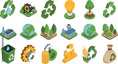 Isometric ecology icon set featuring recycling symbols green energy planet earth factory and sustainable nature conservation elements for environmental projects
