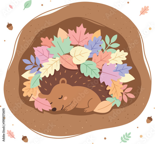 Adorable cartoon hedgehog sleeping peacefully curled up in a pile of colorful autumn leaves inside a cozy den with seasonal decor, hedgehog