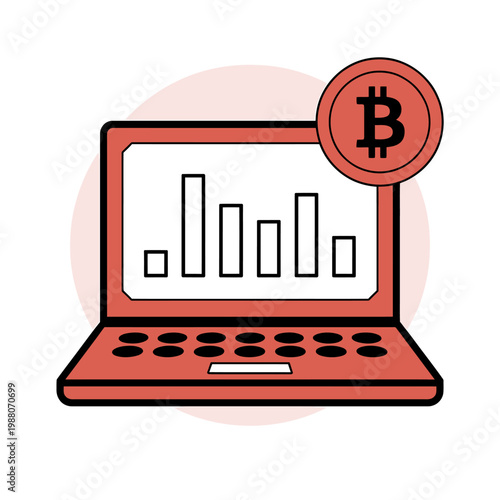 Red laptop with bitcoin and graph on screen